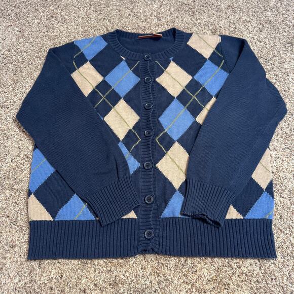 Y2K Vintage Argyle Cardigan NorthCrest L Blue Tan Cotton GUC Preppy Academia - Picture 2 of 8